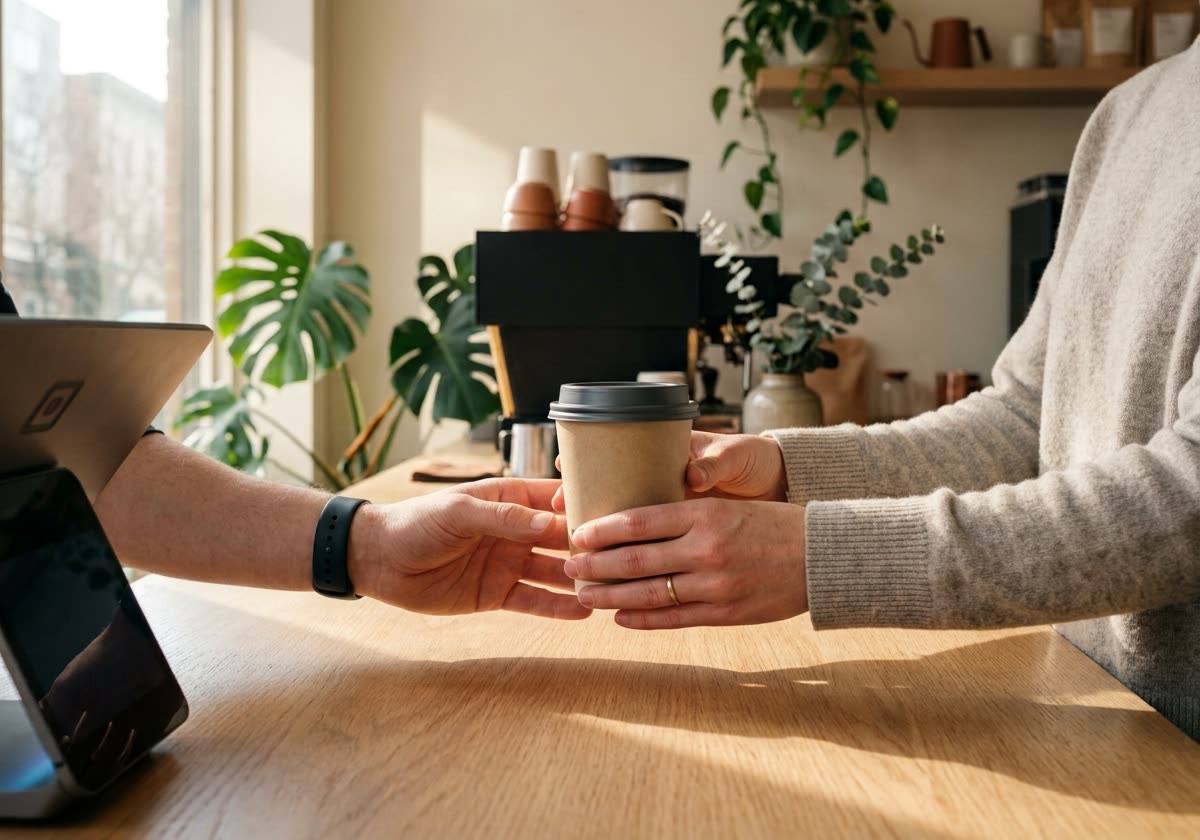Un barista entrega un vaso de café sobre la barra de madera y la clienta lo recibe con ambas manos. Su rostro queda fuera del encuadre: hay una venta, no hay una identidad.
